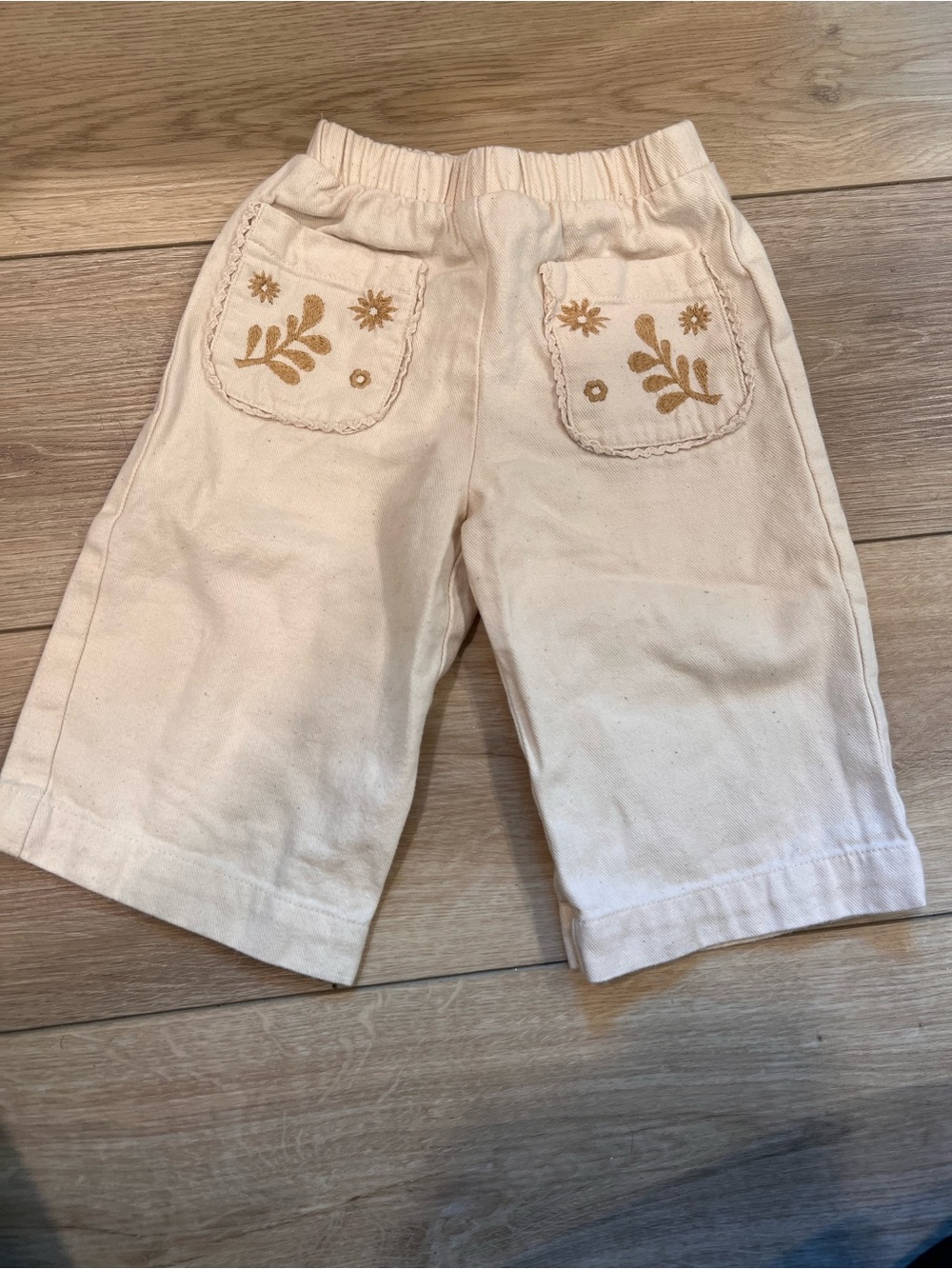 Zara Cream Wide Pants with Brown Floral Embroidered Pockets